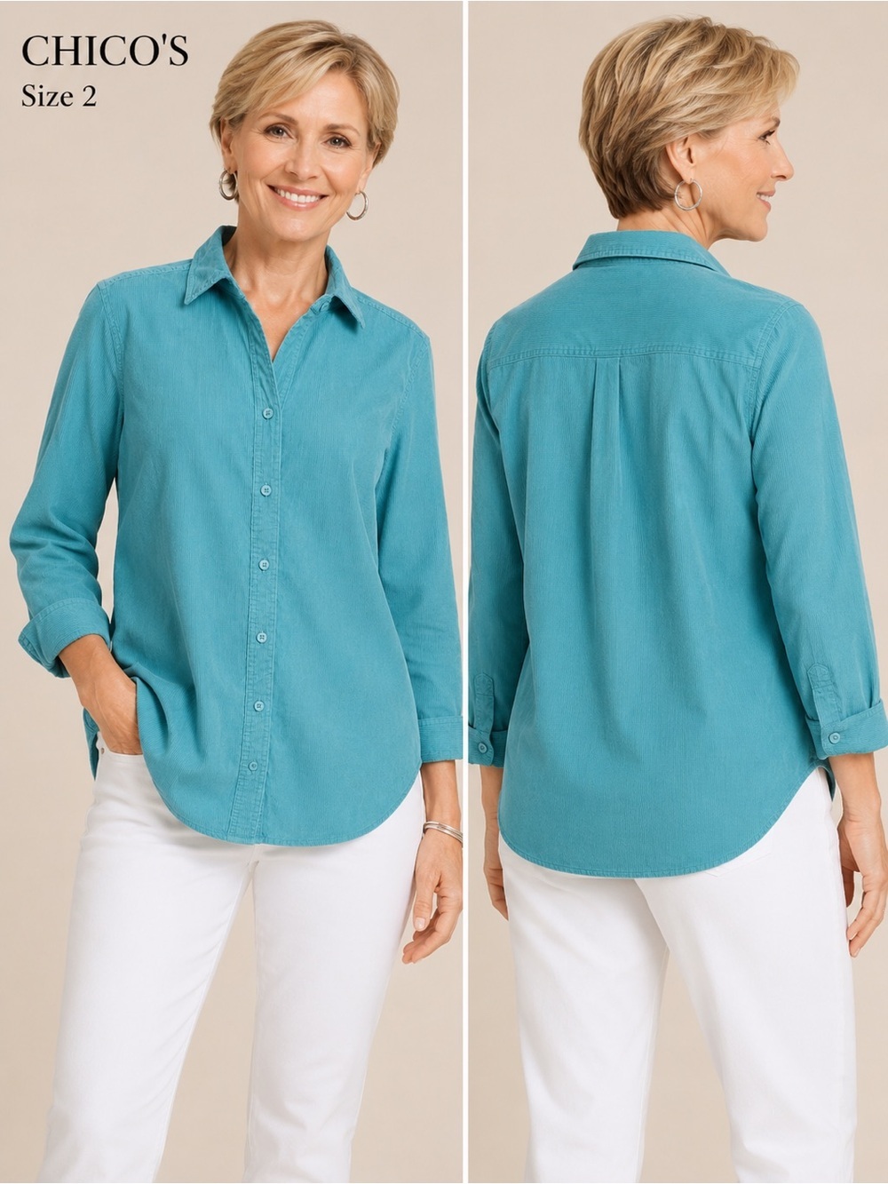Chico’s Teal Corduroy Button Front Shirt Blouse Size 2